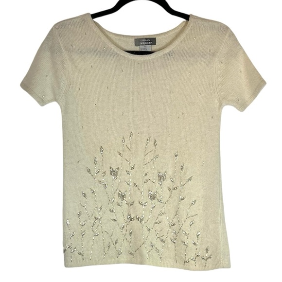 Vtg Urban Works Angora Blend Cream Short Sleeve Sweater Silver Beading Size XS - Picture 1 of 7
